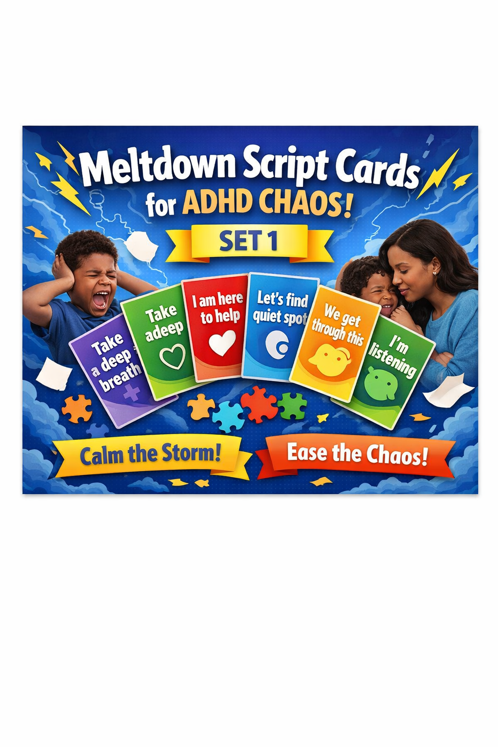 Digital De-Escalation Script Cards for ADHD Kids, Set 1 | Calm Responses for Meltdowns & Challenging Behavior